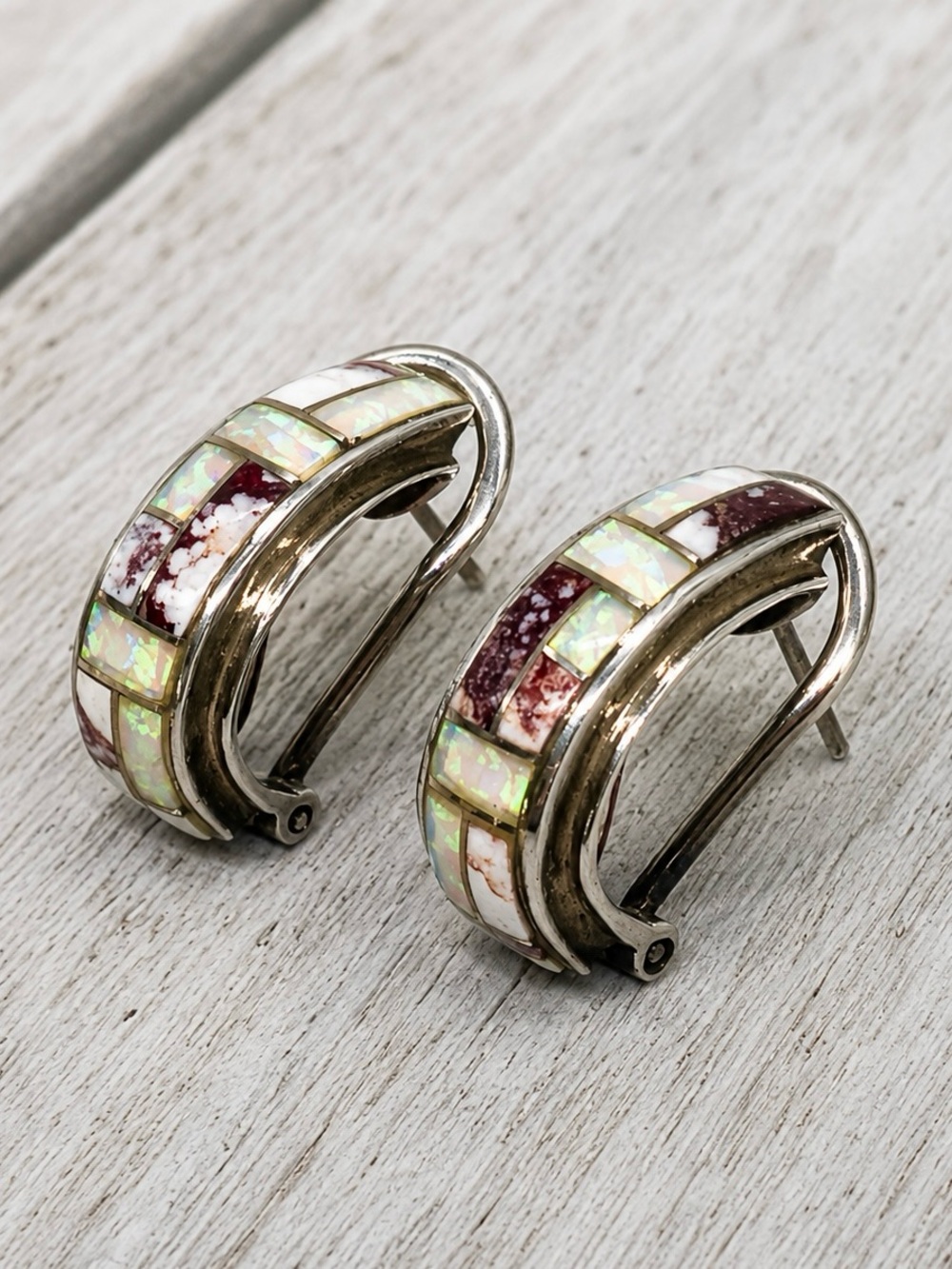 511. Vintage Sterling Silver Mother of Pearl Mosaic Inlay Hoop Earrings
